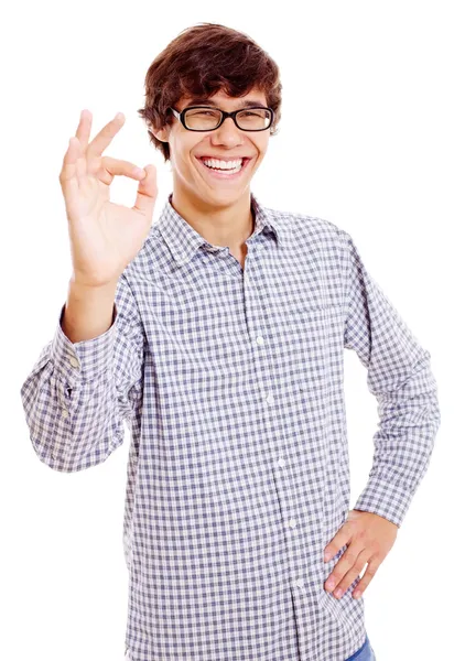 Sorrindo cara com símbolo ok — Fotografia de Stock