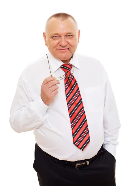 Smiling senior business man with glasses over white — Stock Photo, Image
