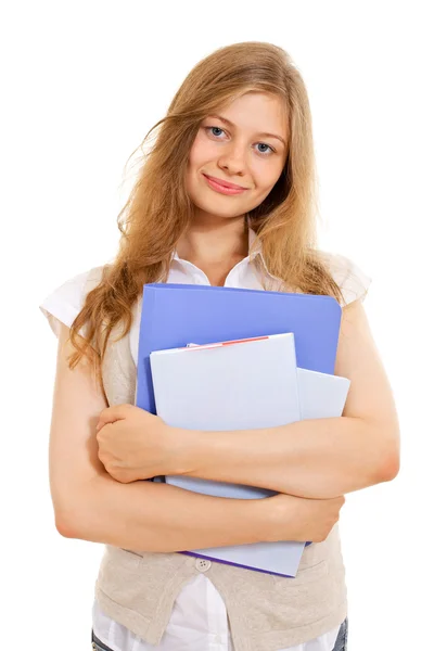 Hübsche Studentin mit Ordnern und Büchern — Stockfoto