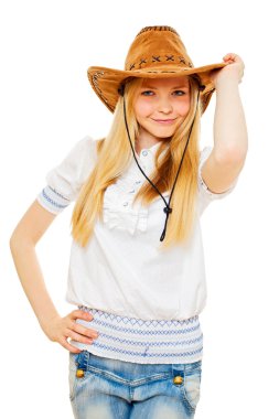 şapka, beyaz bluz ve kot çok sanatlı cowgirl