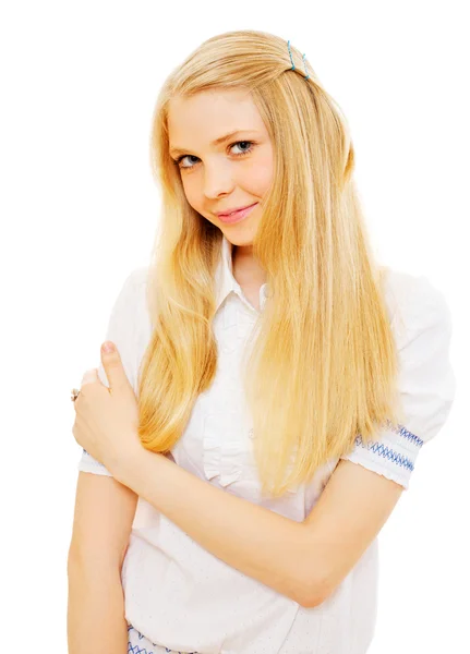 Hübsche blonde Mädchen auf weißem Hintergrund — Stockfoto