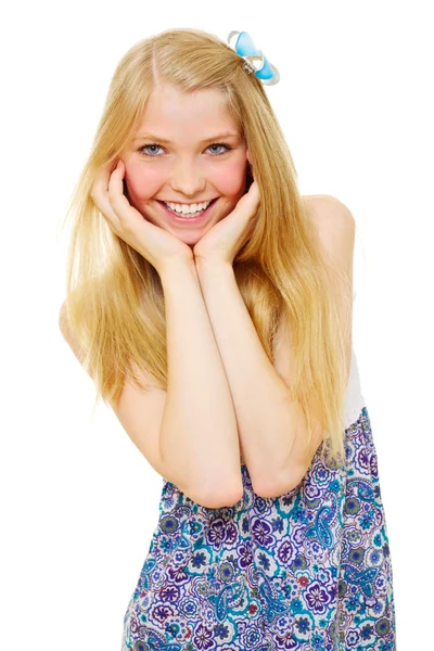 Surpreendido menina adolescente sorrindo — Fotografia de Stock