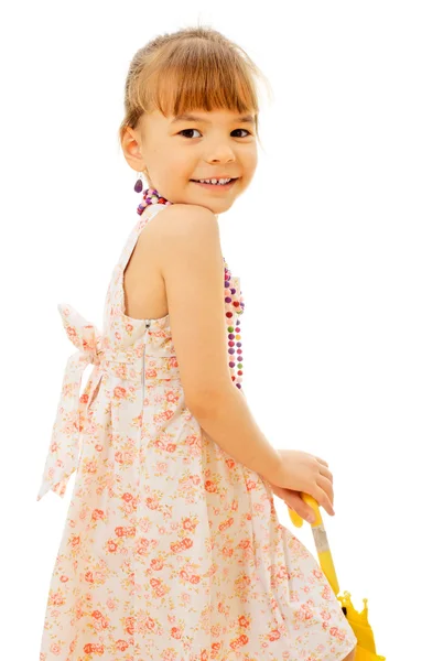 Pretty little girl in sundress with umbrella — Stock Photo, Image