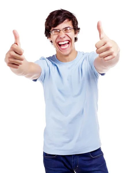 Smiling guy showing thumb up — Stock Photo, Image
