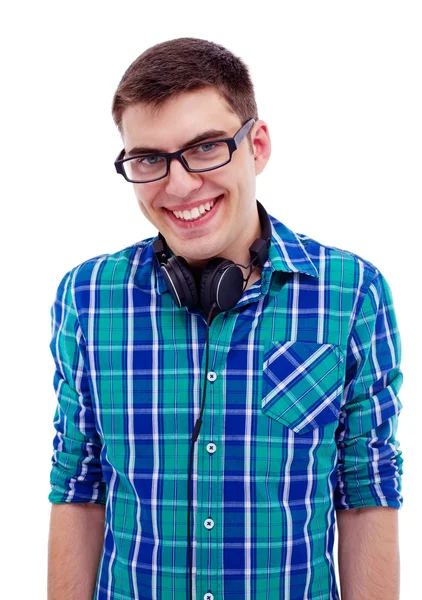Smiling guy with headphones on neck — Stock Photo, Image