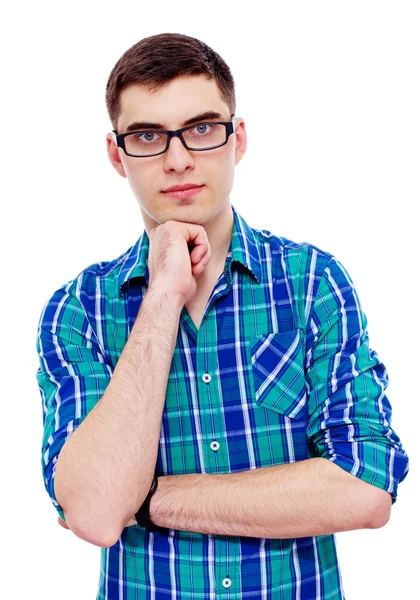 Guy in glasses with hand on chin — Stock Photo, Image