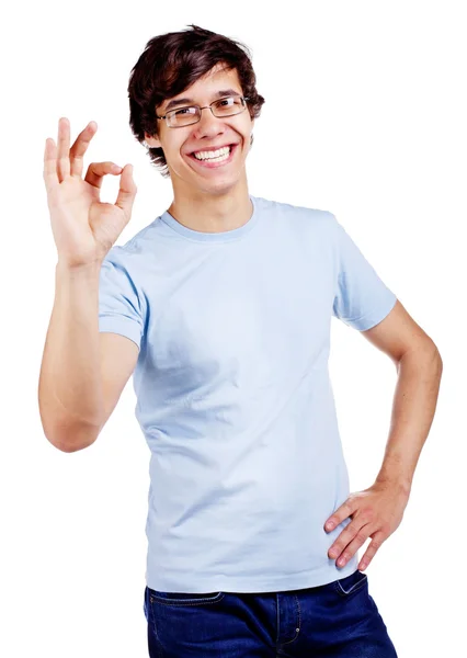 Smiling guy showing OK sign — Stock Photo, Image