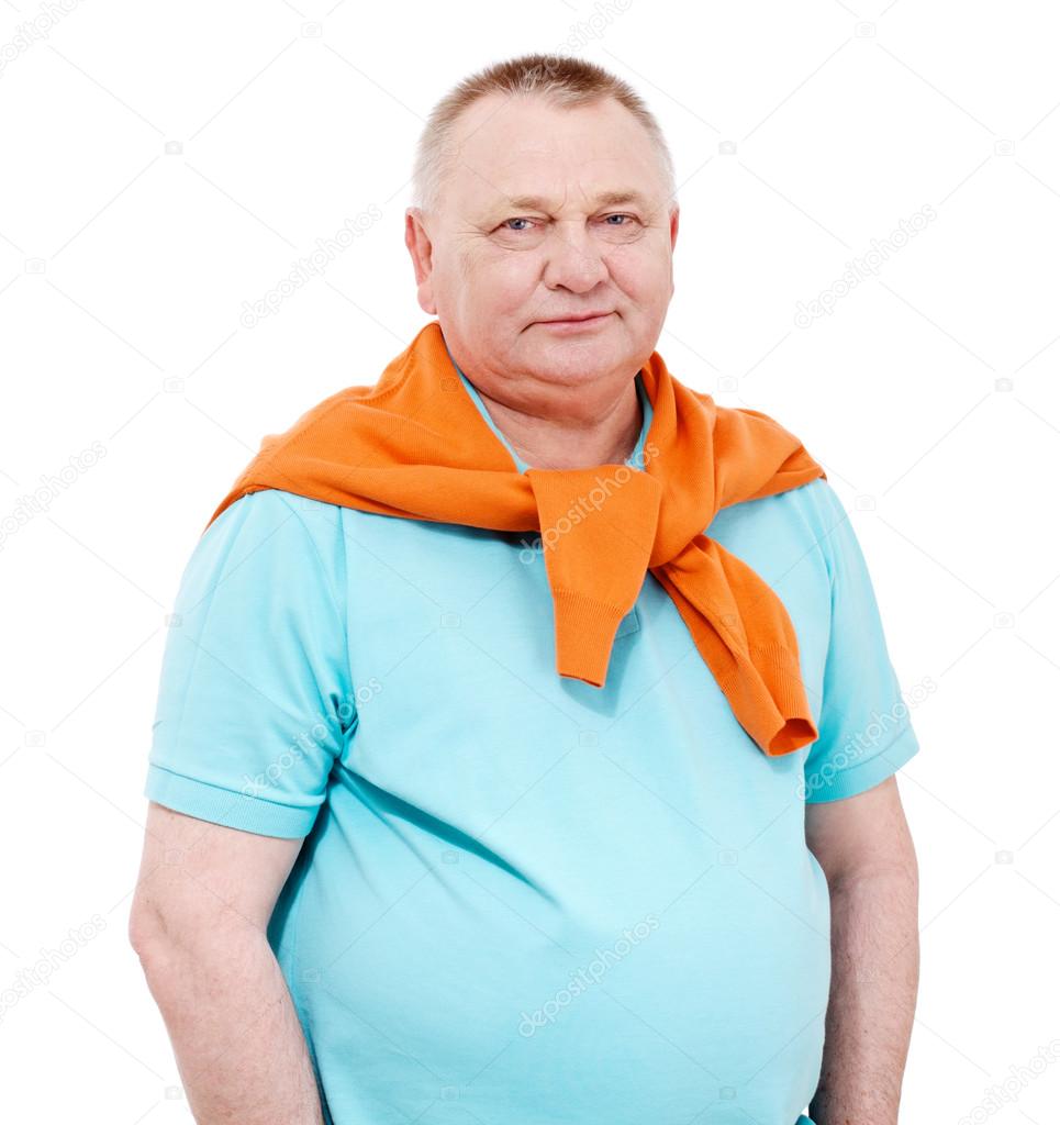 Senior man with orange sweater over white