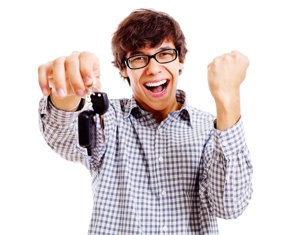 Šťastný student s detailním klíče auta — Stock fotografie