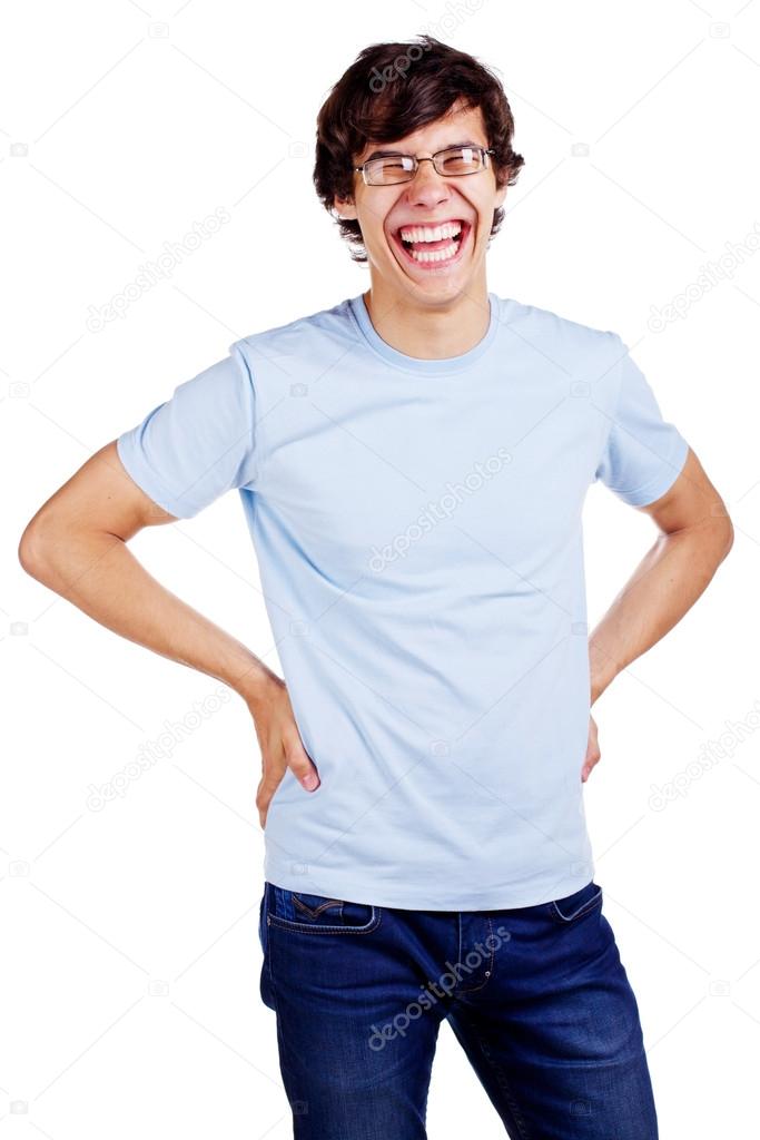 Laughing guy in glasses with arms akimbo over white