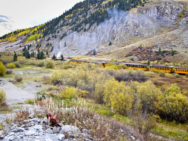 Парова поїзд у Скелястих гір високі країни в Колорадо падіння Ліцензійні Стокові Фото