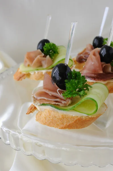 French toast with savory snacks, and radish — Stock Photo, Image
