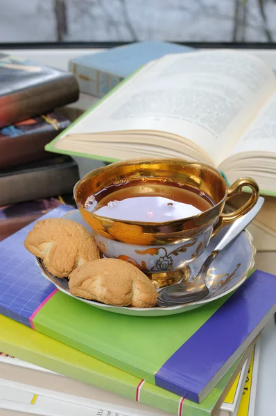 Una taza de té y galletas en una pila de libros — Foto de Stock