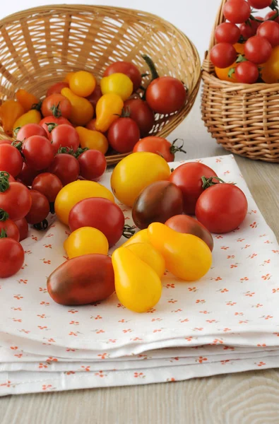Scattered different varieties of tomatoes on a napkin — Stock Photo, Image