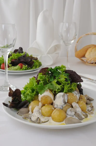Smażone ziemniaki z kawałkami grzybów i sosem śmietanowym — Zdjęcie stockowe