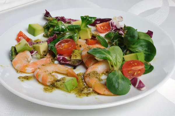 Salad of watercress salad with shrimp and avocado — Stock Photo, Image