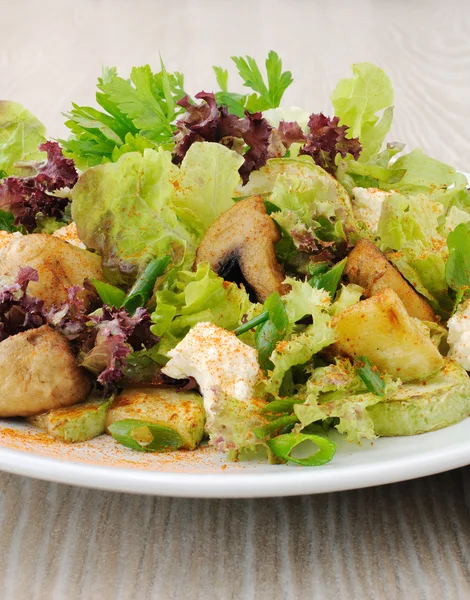 Salada com cogumelos com abobrinha, queijo em folhas de alface — Fotografia de Stock