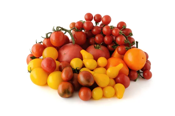 Group of different tomato varieties and colors on a white backgr — Stock Photo, Image