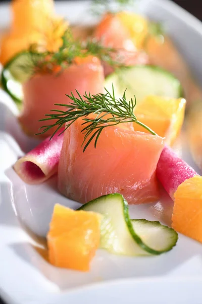 Buffet Serving Pickled Salmon Slices Radish Cucumber Orange Cubes — Stock Photo, Image