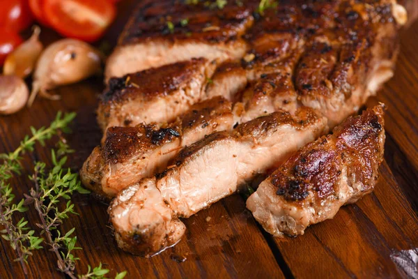 Sliced Fried Pork Steak Wooden Board Serving — Stock Photo, Image