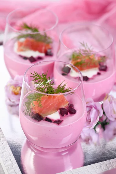 Salmon Beetroot Mousse Most Delicate Soft Texture Combined Horseradish Cream — Stock Photo, Image