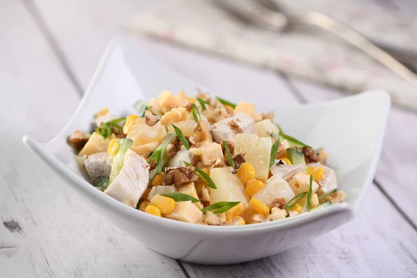 Chicken Salad Pineapple Corn Cucumber Dressed Greek Yogurt Crushed Nuts — Stock Photo, Image