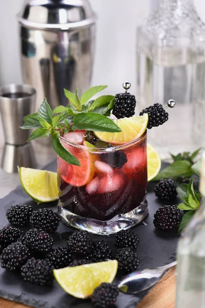 Cóctel Mojito Blackberry Verano Bebida Alcohólica Orgánica Refrescante Fría Con — Foto de Stock