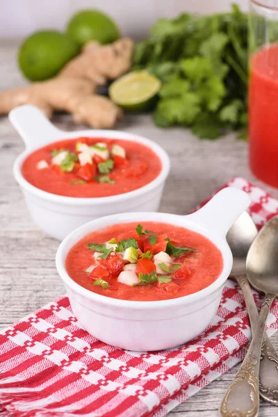 Watermelon Tomato Gazpacho Bowls Traditional Spanish Cold Soup — Stock Photo, Image