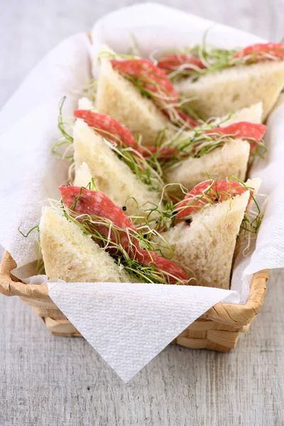 Wheat Toast Sandwich Cream Cheese Microgreen Alfalfa Sprouts Salami Healthy — Stock Photo, Image