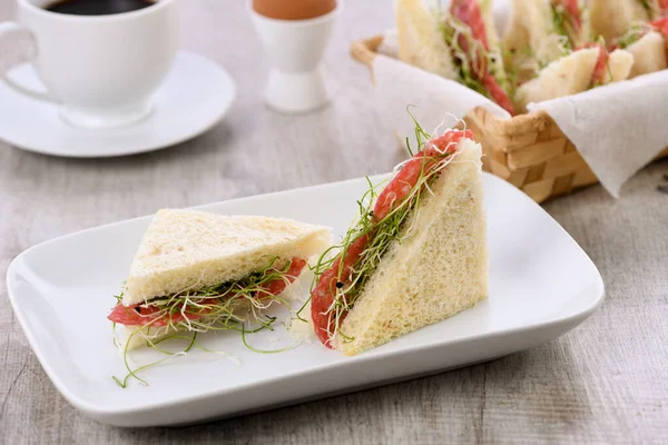 Wheat Toast Sandwich Cream Cheese Microgreen Alfalfa Sprouts Salami Healthy — Stock Photo, Image