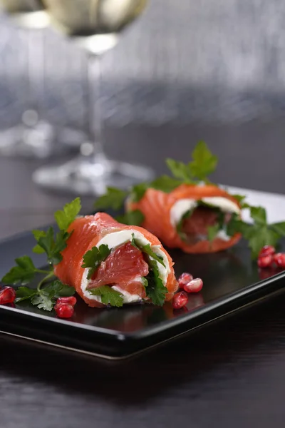 Salmon Strip Cream Cheese Grapefruit Rolled — Stock Photo, Image