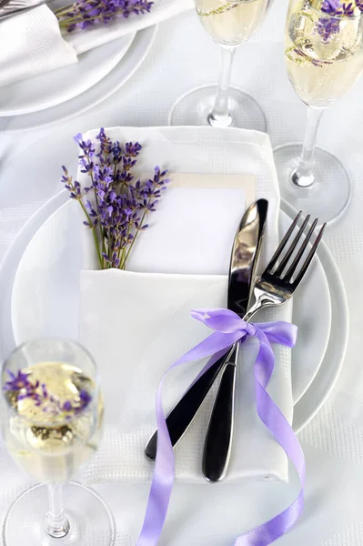 Dining Table Provence Style Lavender Champagne Folded Napkin Cutlery Decorated — Stockfoto