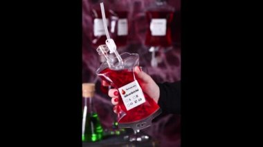  A woman's hand is squeezing a bag with a red drink that mimics the blood that circulates in the bag. Blood bag droppers, a idea for serving cocktails in the style of a Halloween vampire party. 2D animation. animation video.