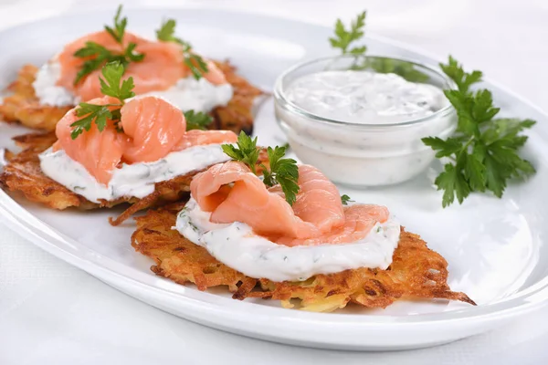 Crispy Potato Fritters Pancake Especially One Made Grated Potato Cream — Stock Photo, Image