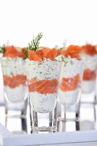 Verrine Soft Cheese Cream Salmon Dill Sprig Lemon Slice Aperitif — Stock Photo, Image