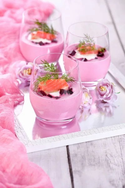 Salmon Beetroot Mousse Most Delicate Soft Texture Combined Horseradish Cream — Stock Photo, Image