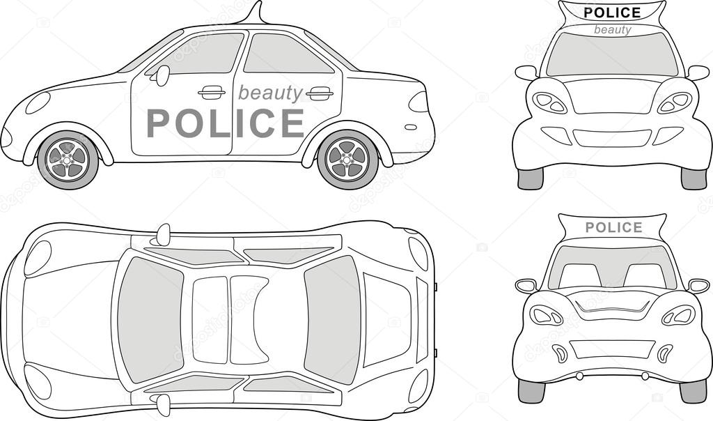 Beauty police car (outlined top, side, back, front view)