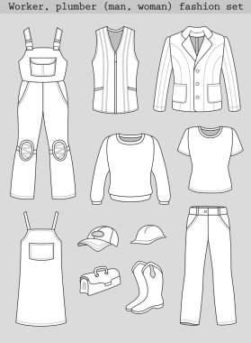 işçi, tesisatçı adam, kadın moda seti