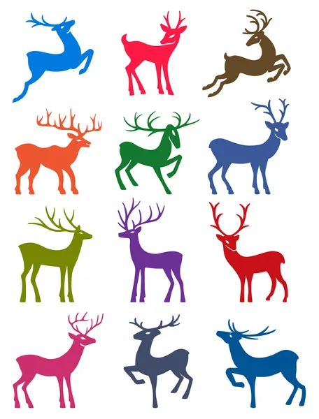 Doce siluetas vectoriales de ciervos de colores — Vector de stock