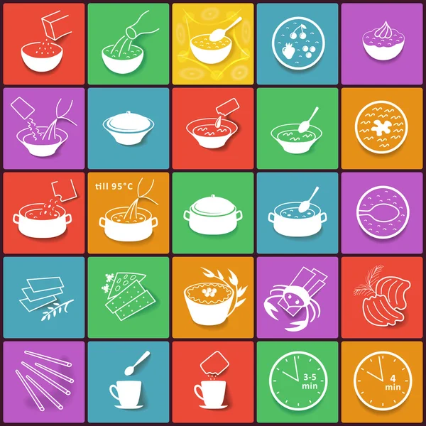 Flat fast food packaging cooking process icons set — Stock Vector