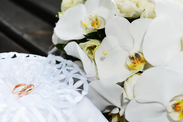 Orchids and wedding rings — Stock Photo, Image