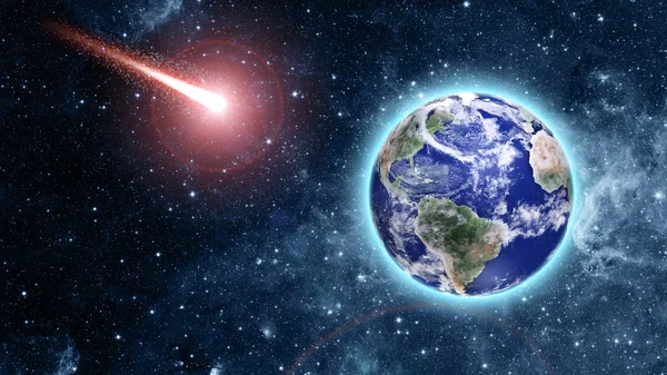 Komet kommt zum blauen Planeten im All — Stockfoto