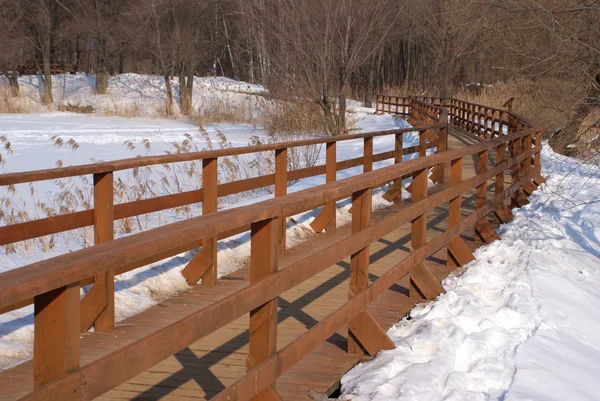 Ponte pedonale lungo in legno con recinzione vista inverno — Foto Stock