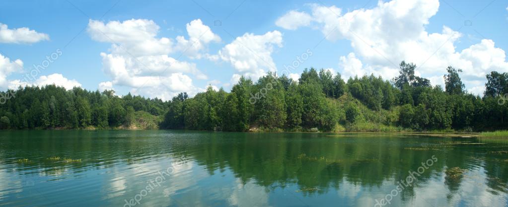 Summer nature landscape panorama with trees on forest lake