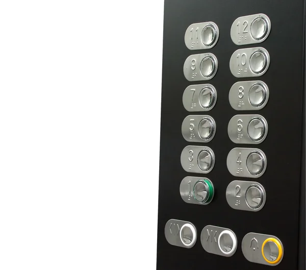 Painel de controle preto elevador com botões de metal isolados no branco — Fotografia de Stock