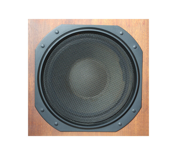 Subwoofer Loud speaker system with round glack grill and wooden finish isolated on white background