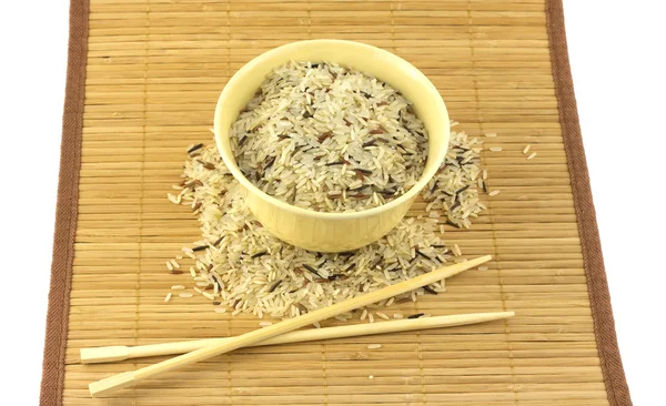 Arroz, tigela e pauzinhos — Fotografia de Stock