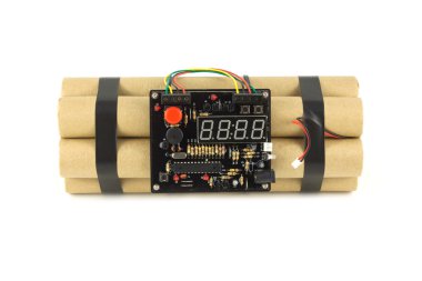 Durdurulan saatli bomba whitetime bomba üzerinde beyaz ön görünüm izole kapatma elektronik saat mekanizması ile izole kapatmak