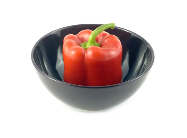 Red bell pepper in purple bowl isolated closeup — Stock Photo, Image