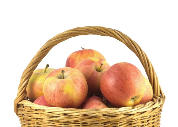 Спелые яблоки в корзине изолированные крупным планом — стоковое фото